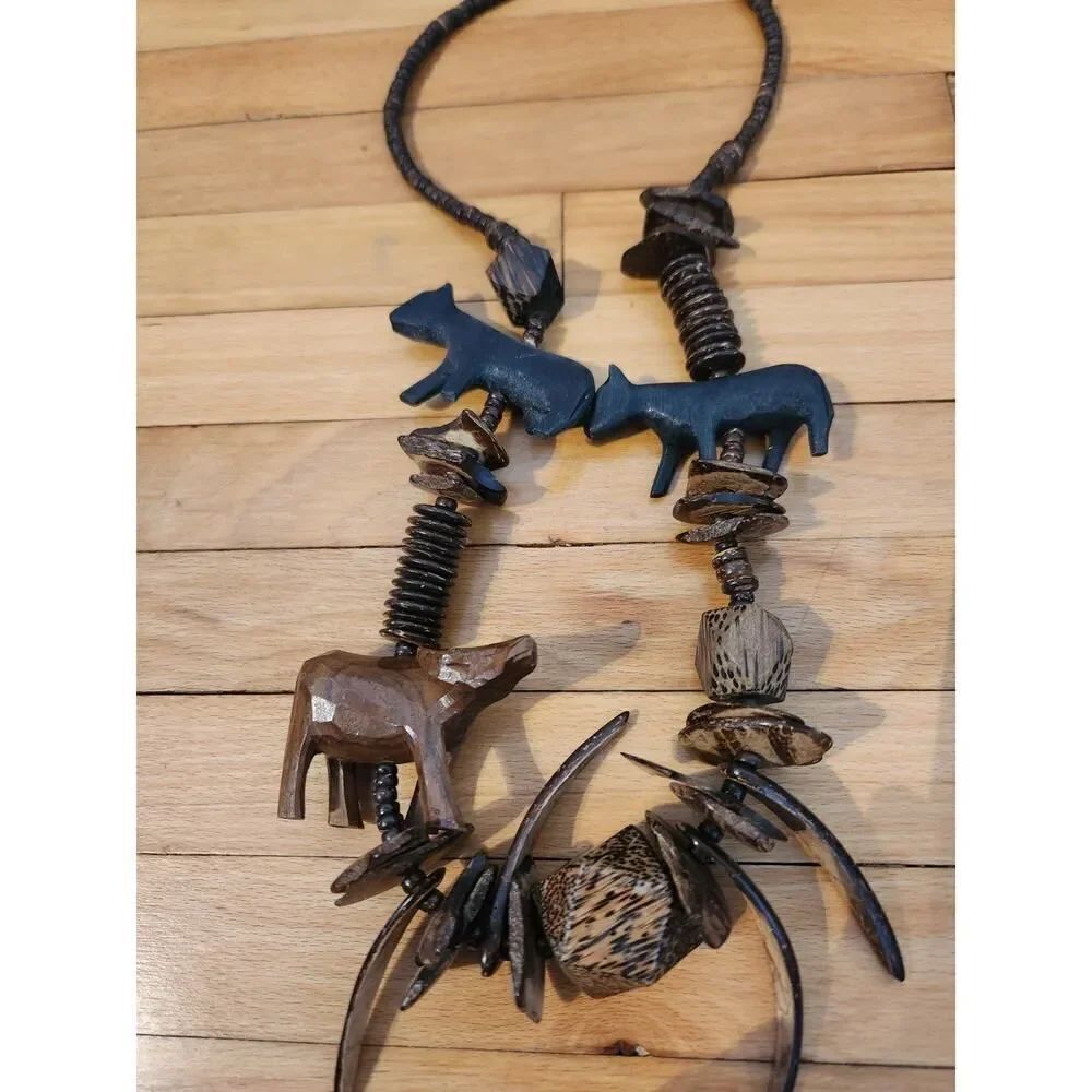 Safari Animal Necklace Wood Bead Carved Wooden African Handmade 14" Drop Vintage